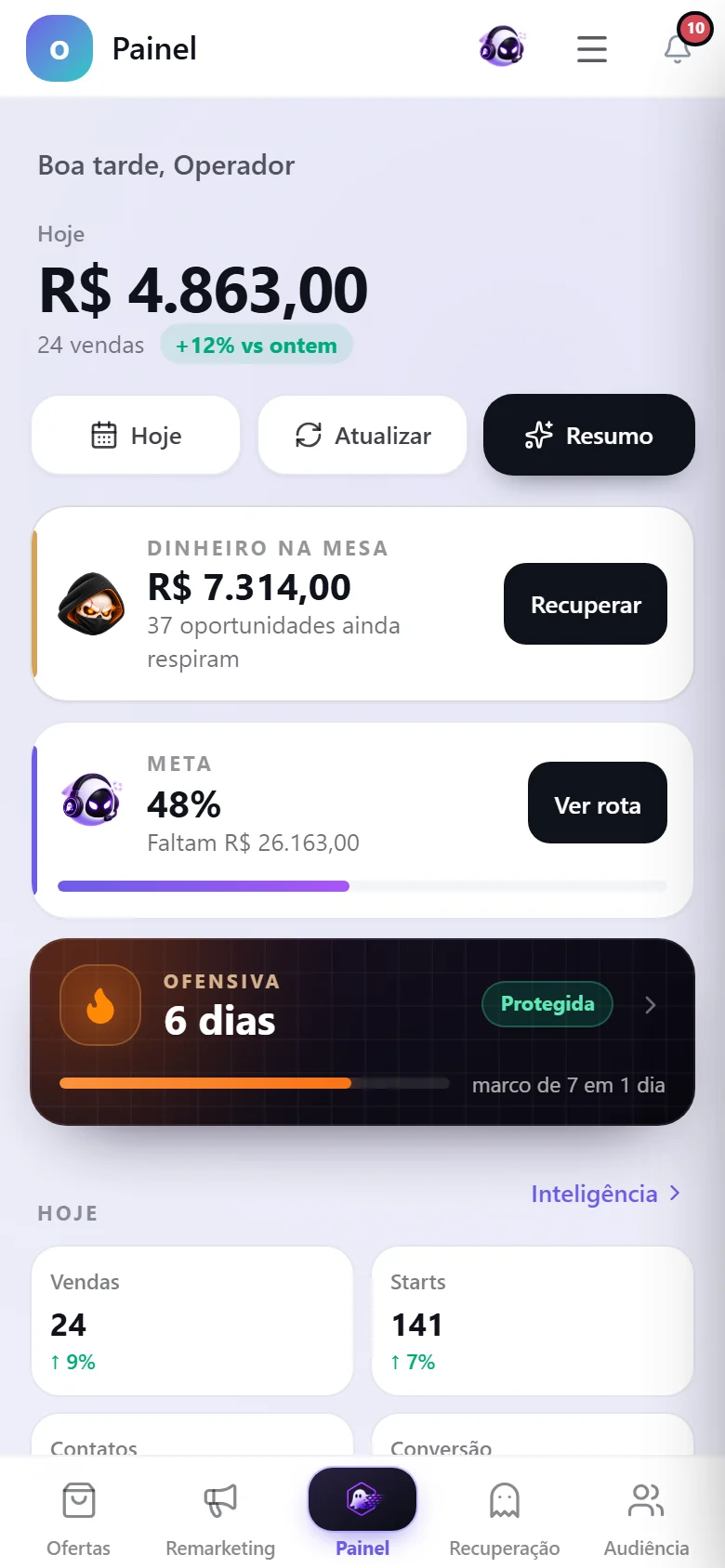 Captura do painel da Spectra no celular, com a barra de navegação de baixo.